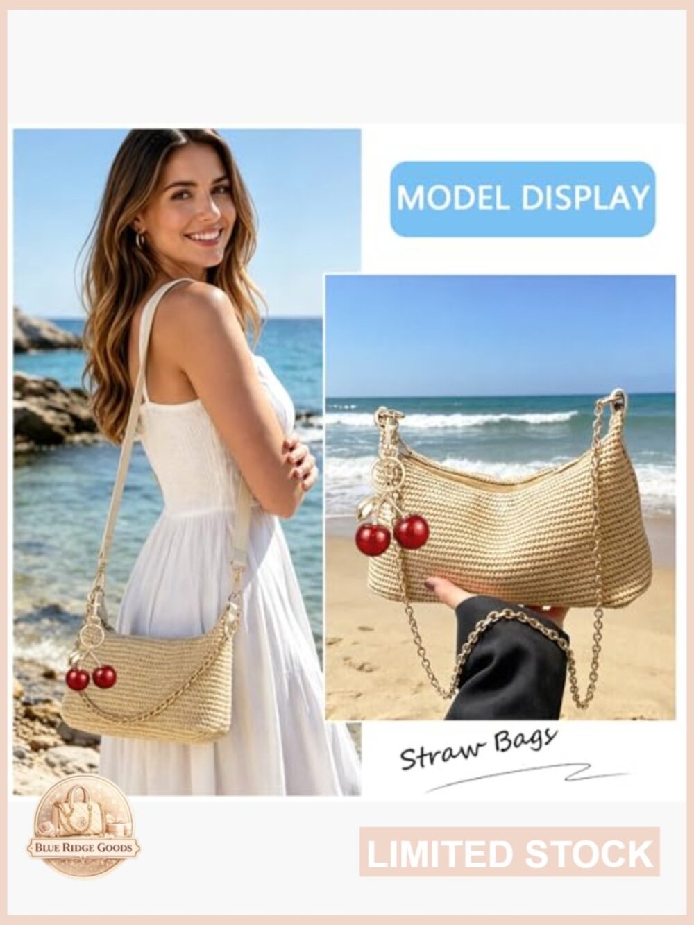 Woven Straw Shoulder Bag with Cherry Pendant Summer Beach Hobo Crossbody Purse - Picture 3 of 6